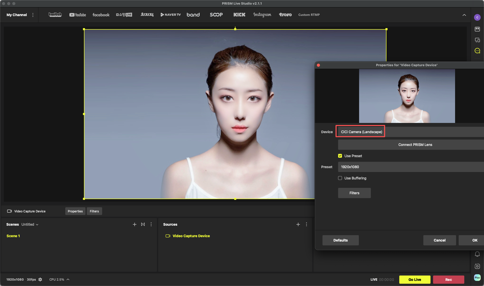 PRISM Live Studio mit ausgewählter virtueller Kamera CiCi Cam und sichtbarer CPU-Auslastung